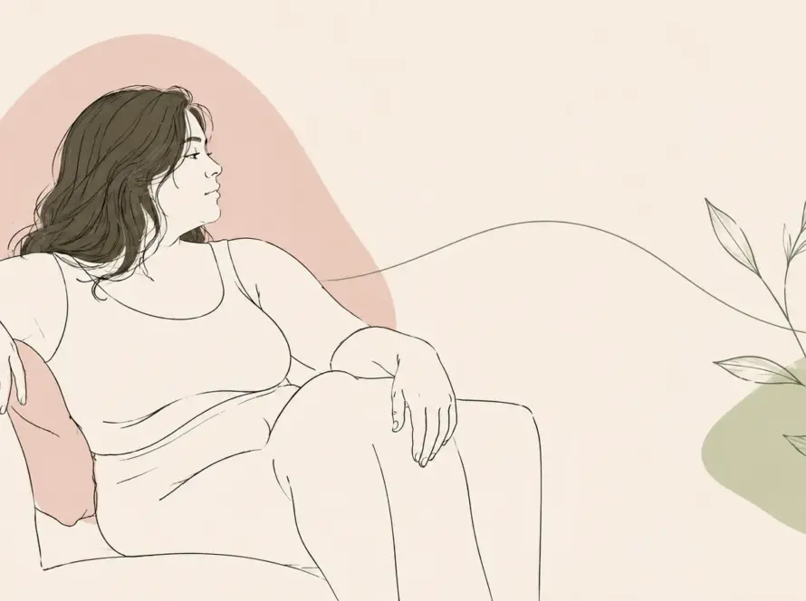Mujer curvy en line art caminando sola como representación del apego evitativo y la autosuficiencia emocional