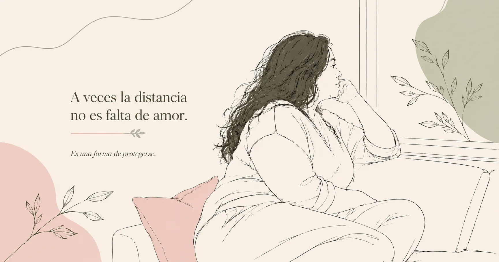 Mujer curvy en line art sentada junto a una ventana representando la distancia emocional como mecanismo de protección