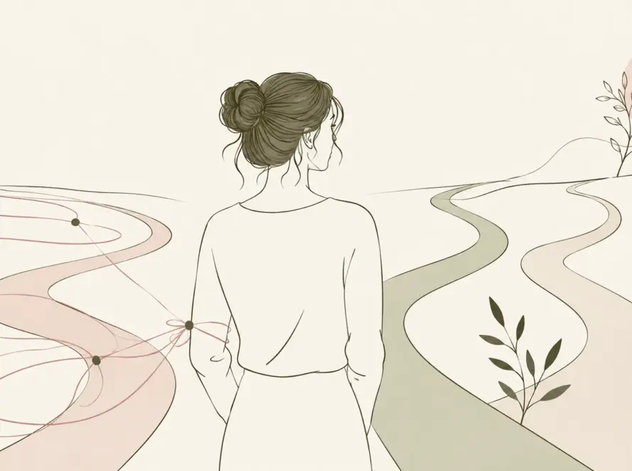 Ilustración line art de una mujer frente a distintos caminos que representan decisiones influenciadas por experiencias pasadas.
