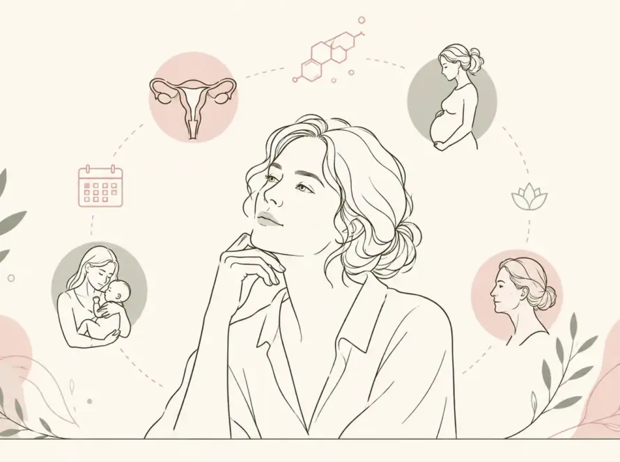 las diferentes etapas de la vida Ilustración line art de una mujer adulta reflexionando mientras la rodean símbolos del ciclo menstrual, el embarazo, el posparto y la perimenopausia.