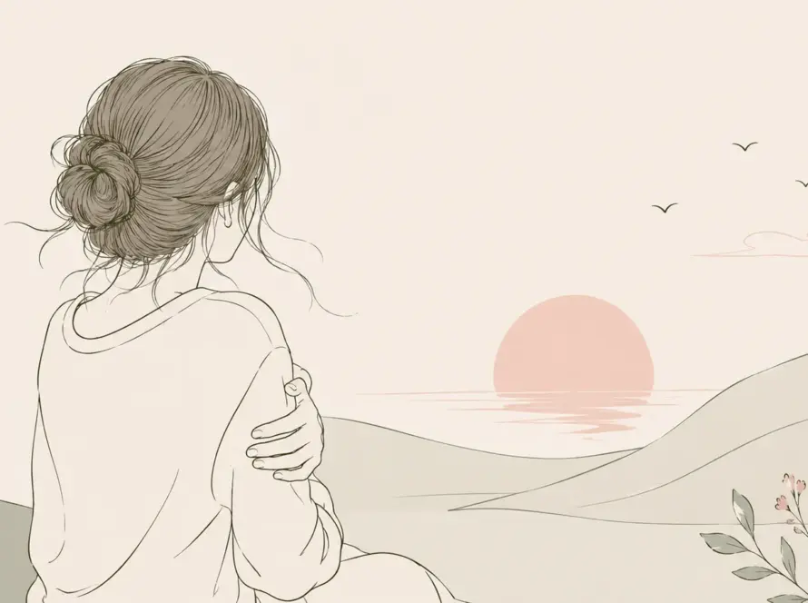 Ilustración line art de una mujer abrazándose a sí misma mientras contempla el amanecer, símbolo del comienzo de un camino hacia la confianza.