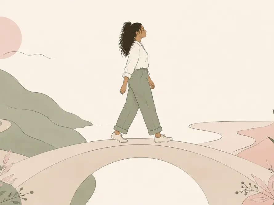 Ilustración line art de una mujer caminando sobre un puente que une dos paisajes, simbolizando la integración de la bisexualidad sin necesidad de elegir un lado.
