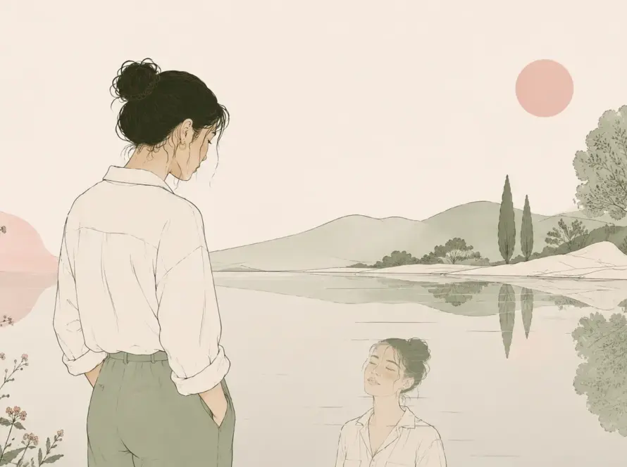 Ilustración line art de una mujer contemplando su reflejo en un lago tranquilo, símbolo del inicio de un proceso de autodescubrimiento.