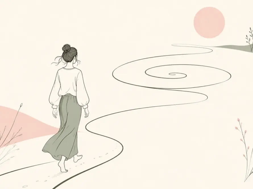 Ilustración line art de una mujer caminando por un sendero en espiral que simboliza un proceso terapéutico pausado.