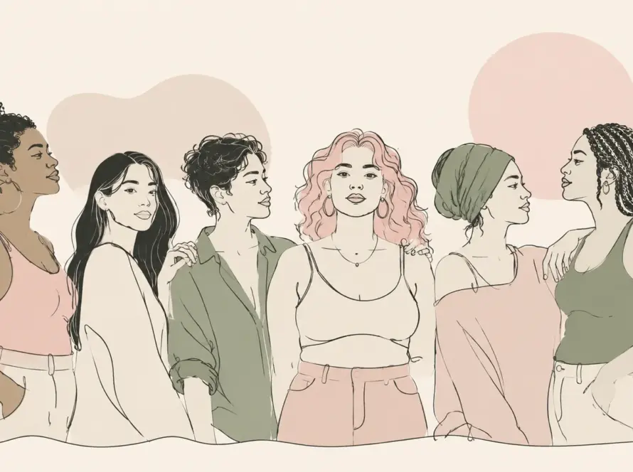 Ilustración line art de mujeres LGTBIQ+ de distintas etnias y corporalidades representando diversidad, identidad y bienestar emocional.