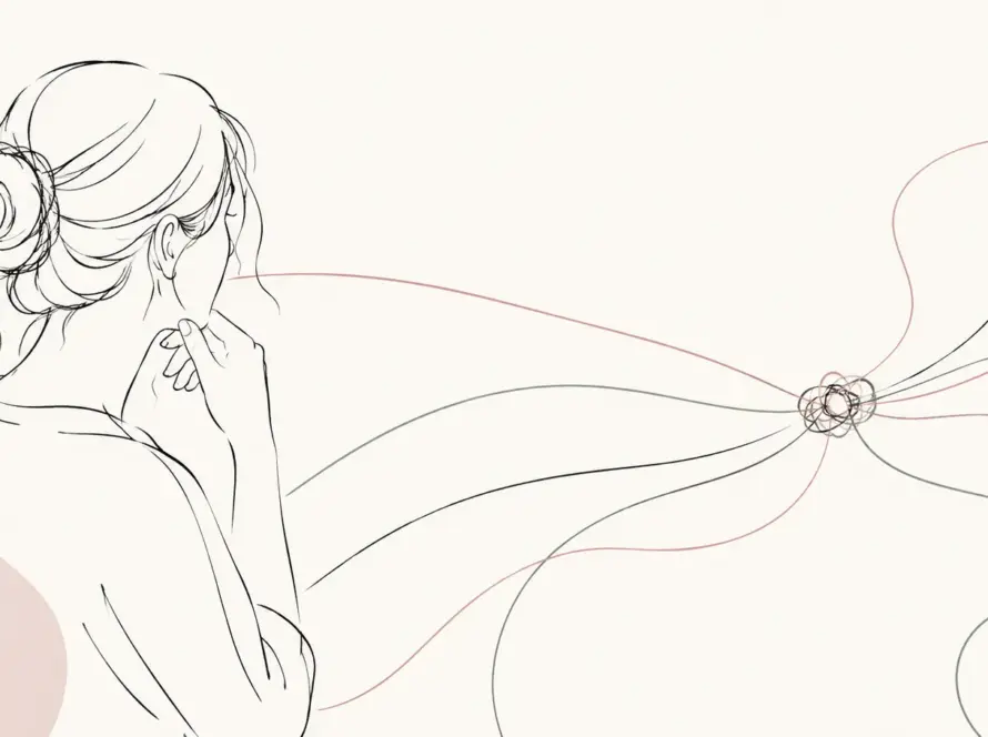 Ilustración minimalista de una mujer observando varios hilos que terminan en un mismo nudo, simbolizando la repetición de patrones afectivos y la familiaridad emocional.