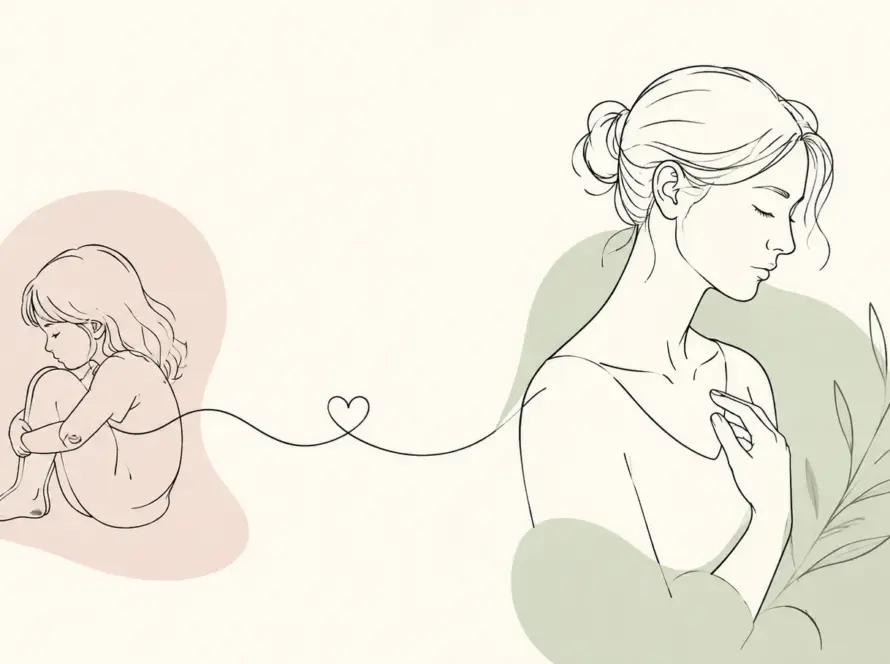 Ilustración line art de una mujer adulta conectada emocionalmente con su niña interior mediante un trazo continuo, representando las heridas de la infancia que permanecen en la vida adulta.