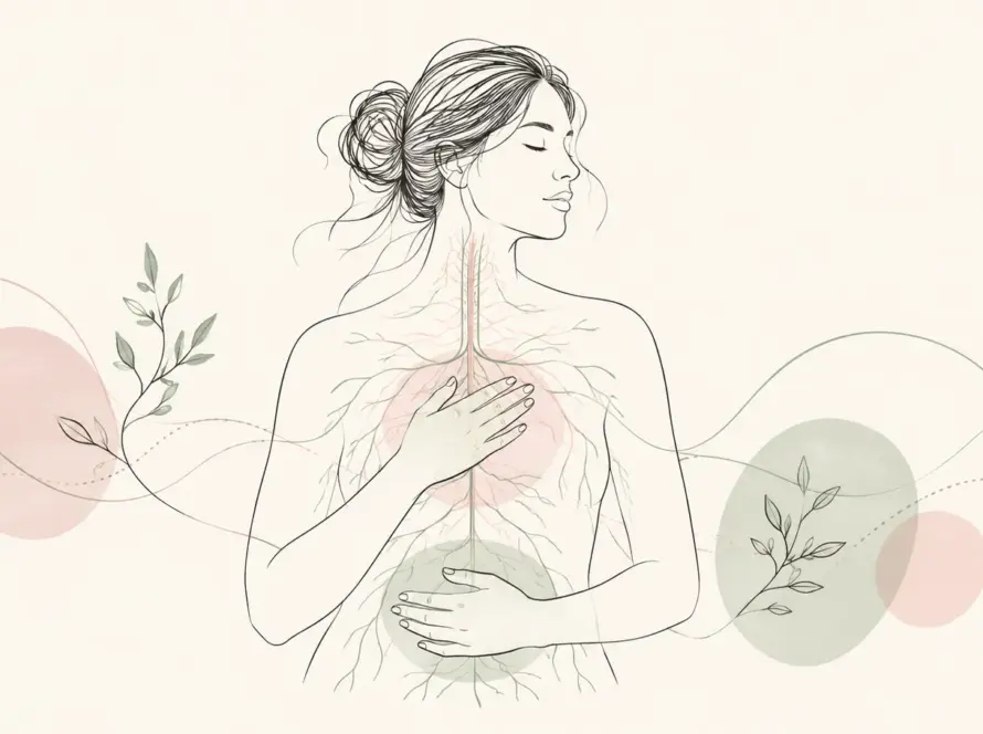 Ilustración line art de una mujer conectando con las sensaciones de su cuerpo y su sistema nervioso, representando el trauma somático.