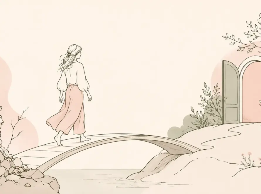 Ilustración line art de una mujer avanzando hacia un espacio de seguridad emocional que simboliza la construcción de un apego seguro.