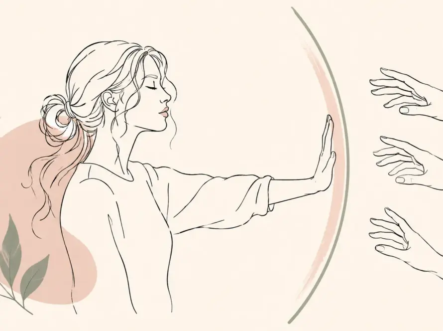Ilustración line art de una mujer marcando un límite seguro tras experiencias traumáticas.