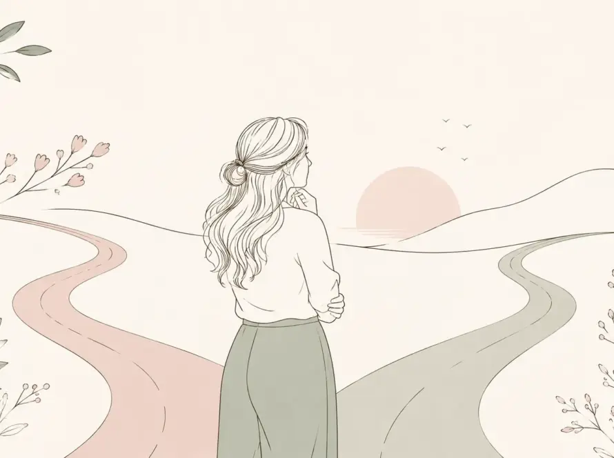 Ilustración line art de una mujer frente a dos caminos que representan la relación de pareja y la historia emocional personal.