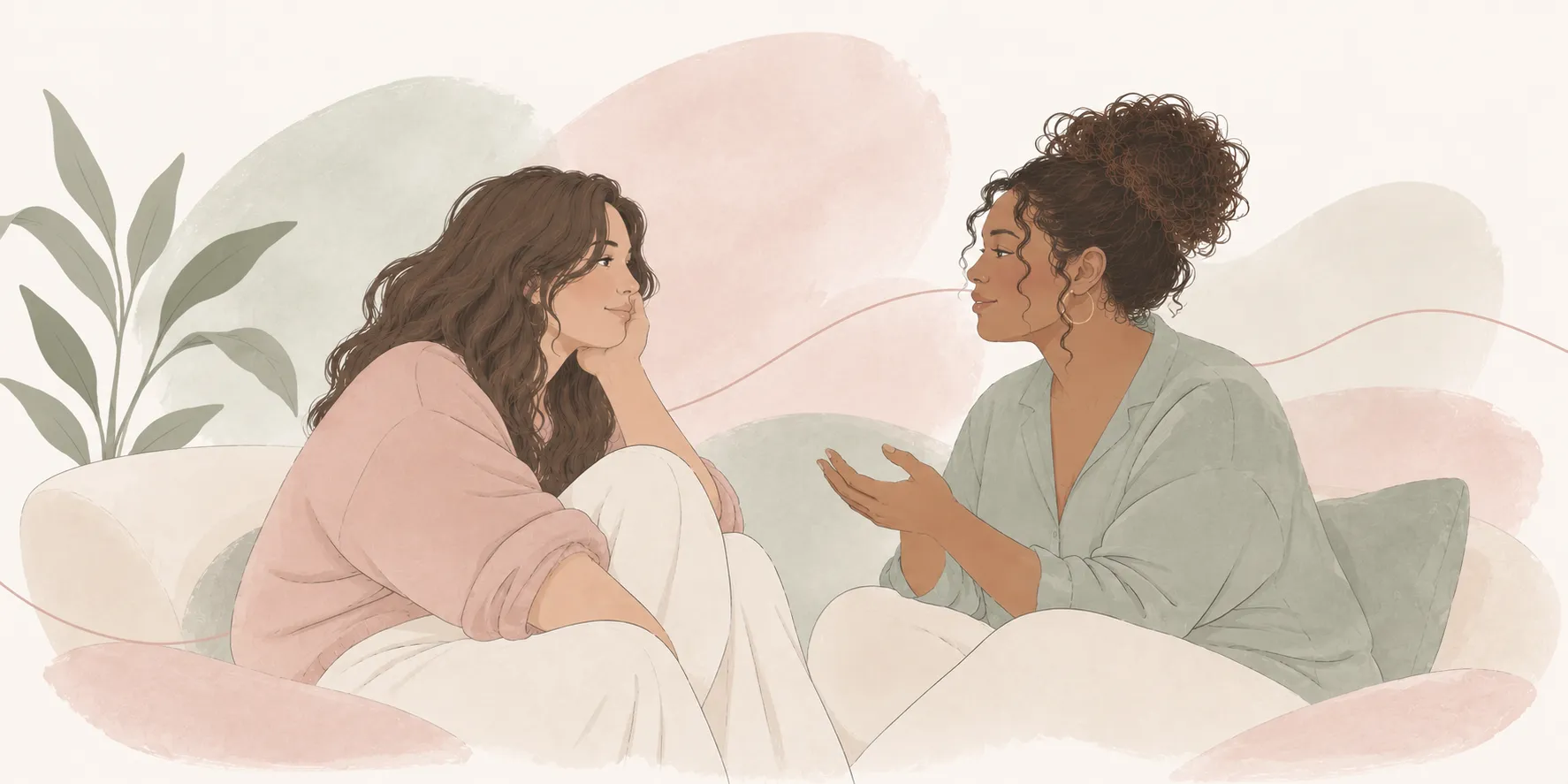 Ilustración en acuarela de dos mujeres conversando y escuchándose, representando la terapia relacional para mujeres