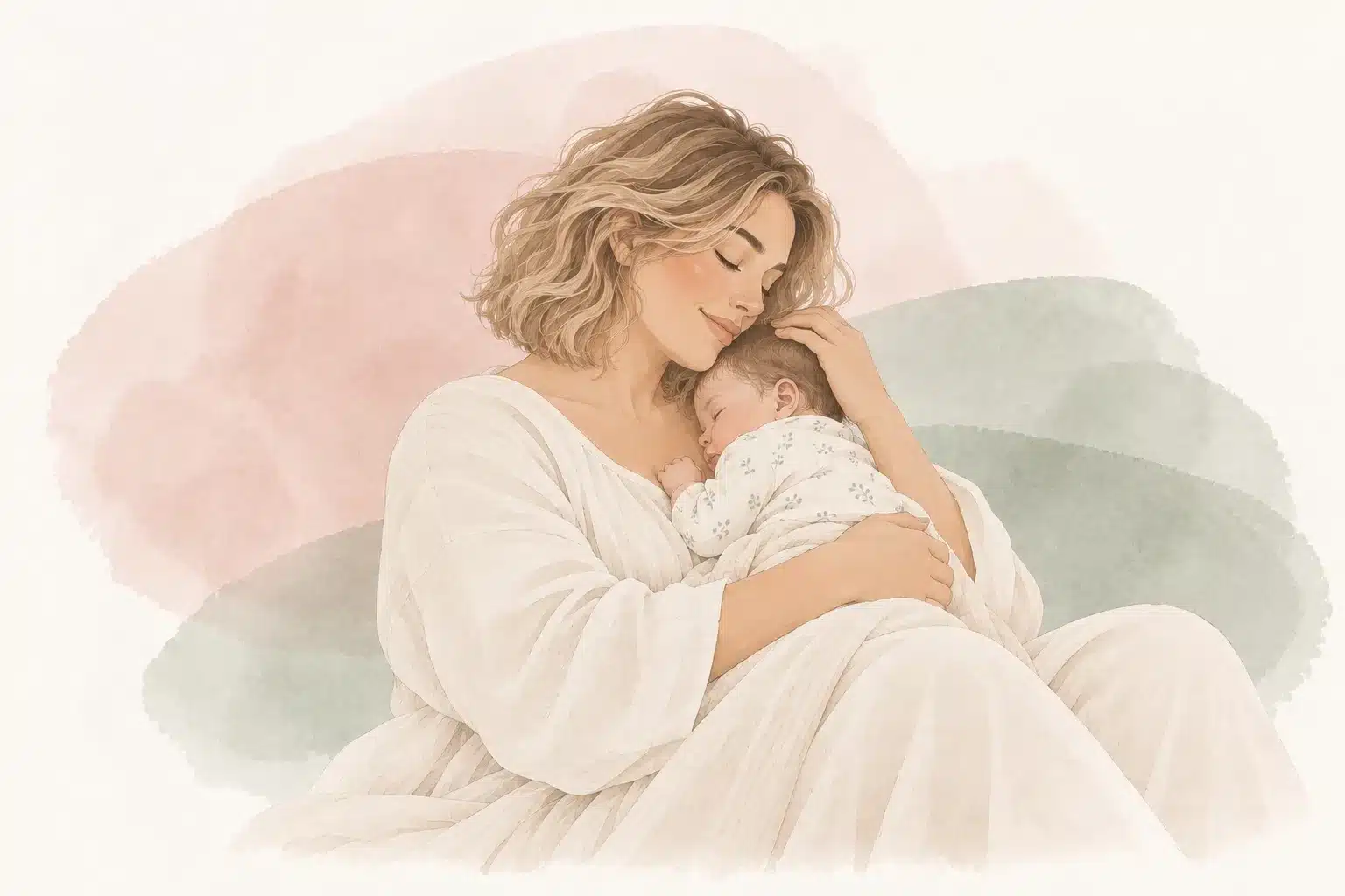 Ilustración en acuarela suave de una madre con su bebé, representando maternidad y etapa perinatal