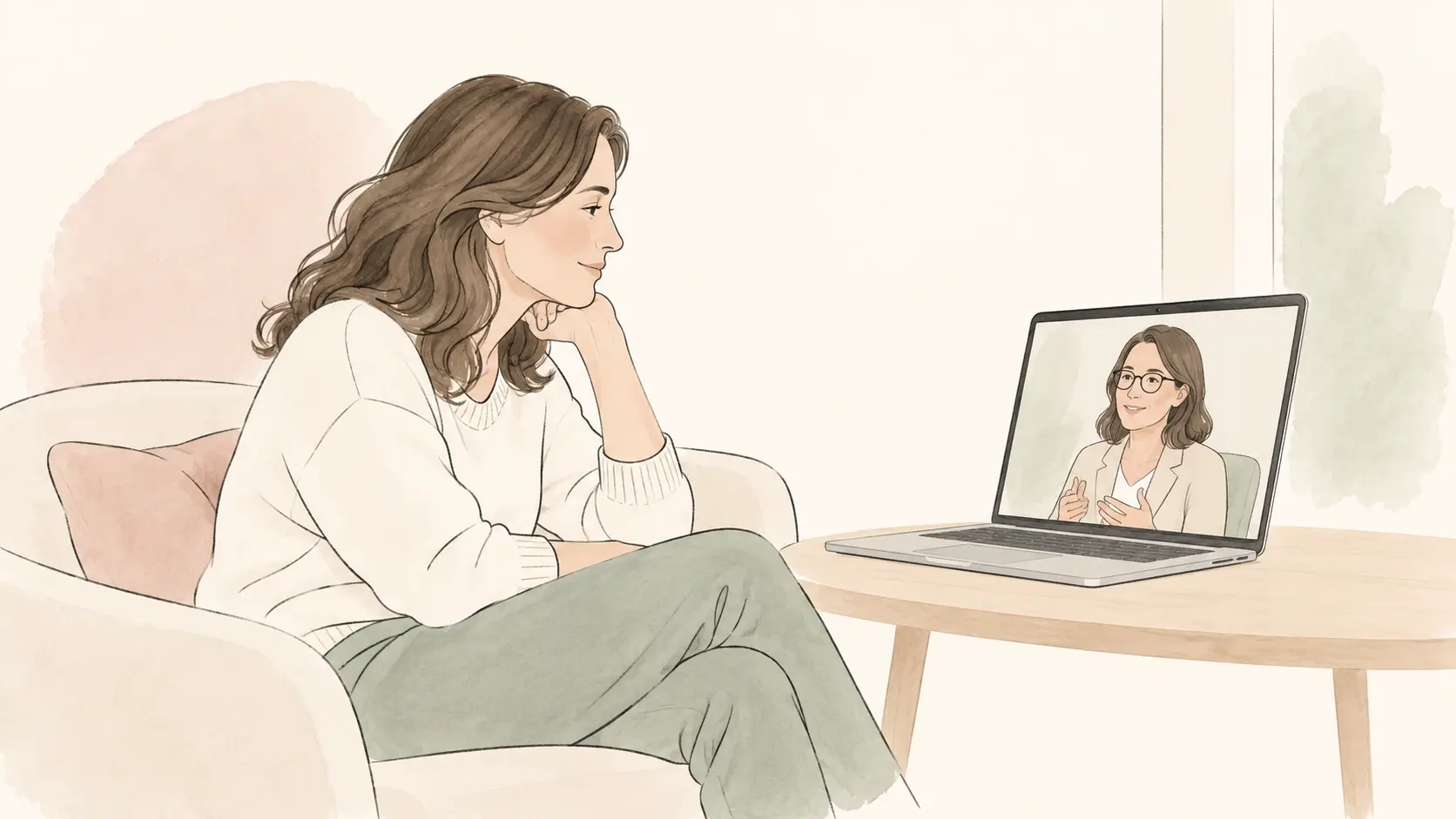 Mujer realizando su primera sesión de psicología online con una psicóloga de SomosCalma
