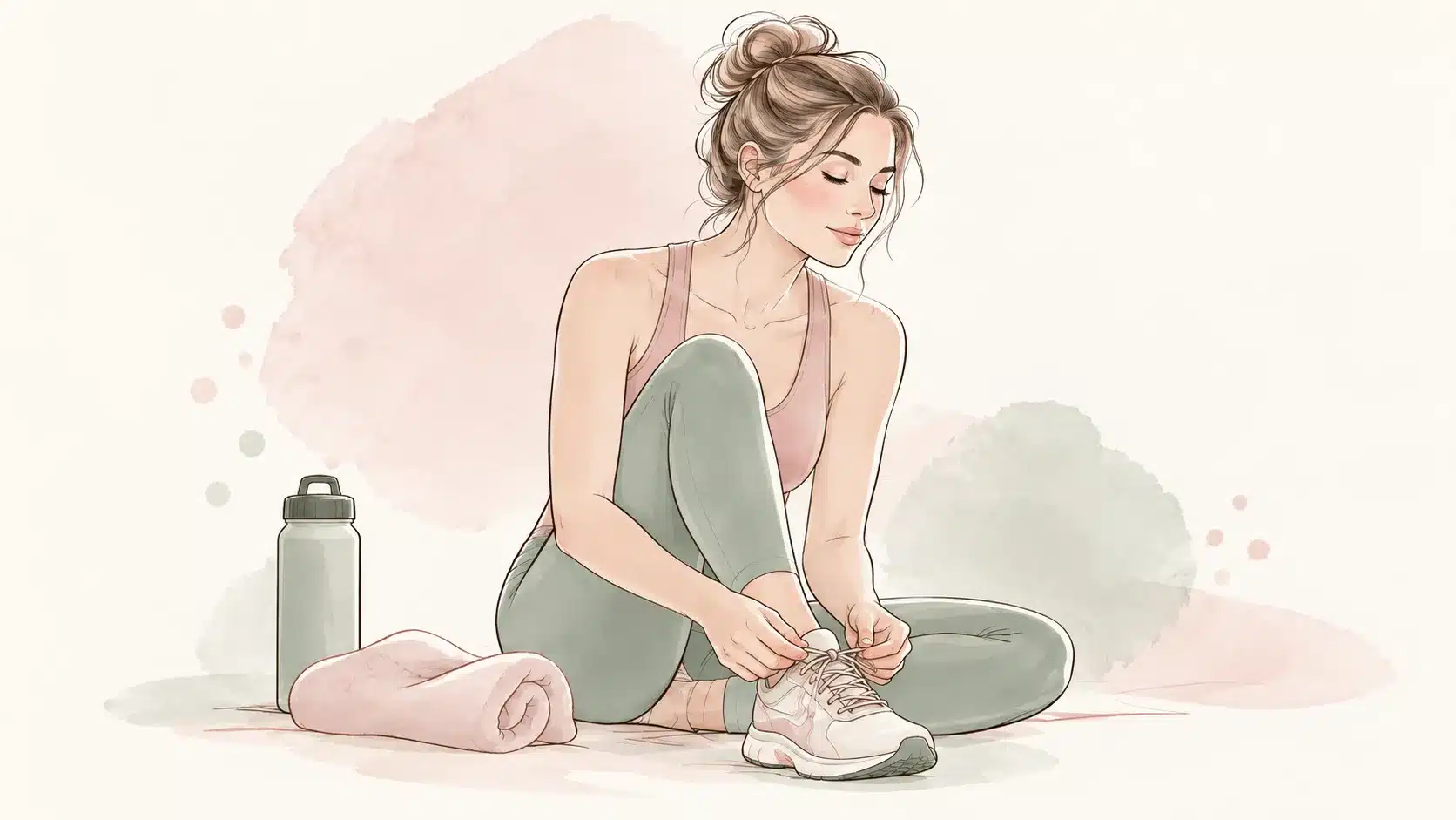 Ilustración en acuarela de una mujer preparándose para entrenar, representando psicología deportiva para mujeres