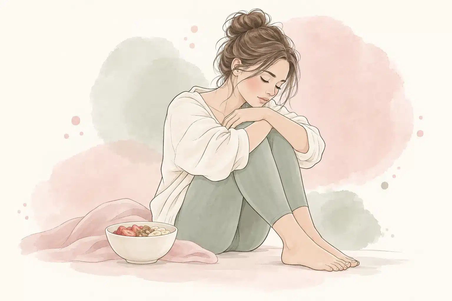 Ilustración en acuarela de una mujer junto a un cuenco de comida, representando trastornos de la conducta alimentaria y relación con el cuerpo