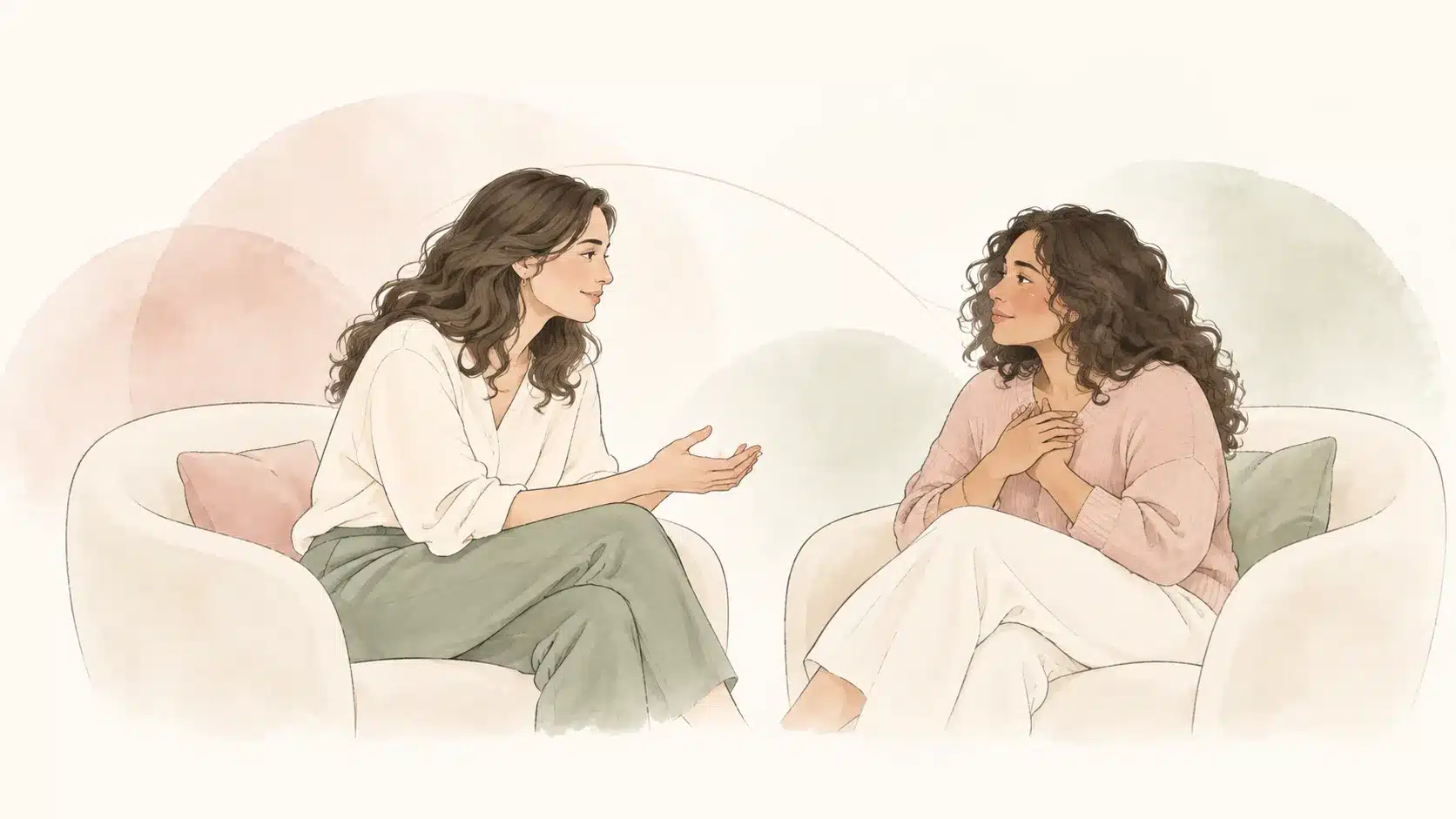 Ilustración en acuarela de una mujer hablando con una psicóloga, representando terapia de trauma y apego en mujeres