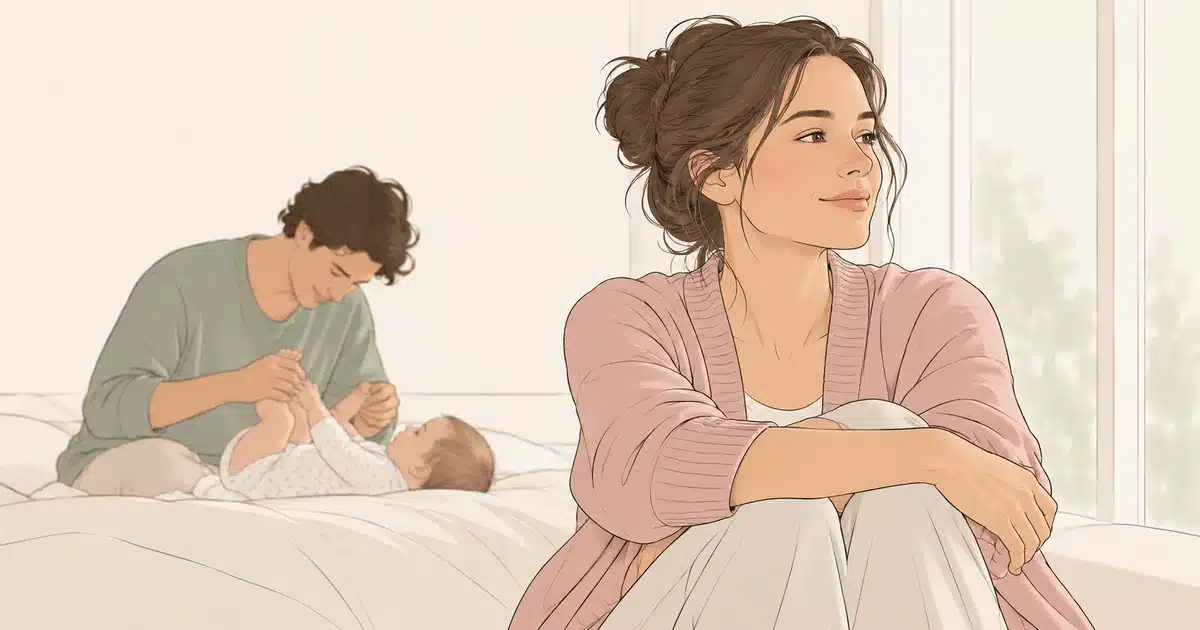 Ilustración de una mujer en posparto descansando mientras otra persona cuida al bebé