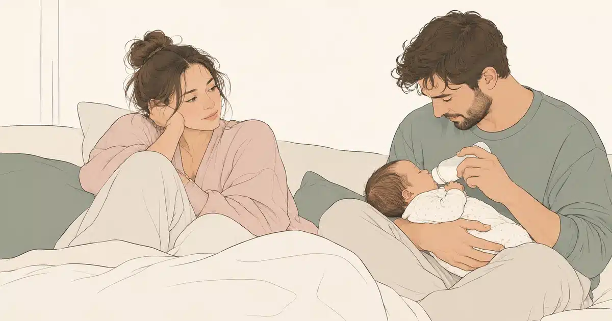 Ilustración de una madre en posparto descansando mientras otra persona se ocupa del bebé