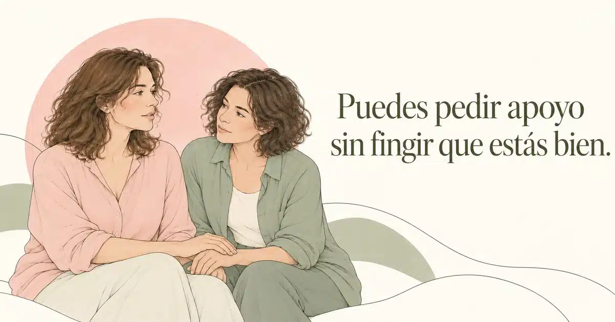 Dos mujeres sentadas juntas se ofrecen compañía. Texto: Puedes pedir apoyo sin fingir que estás bien.