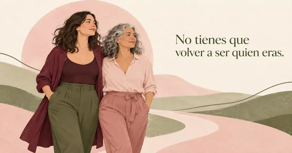 Dos mujeres adultas caminan juntas. Texto: «No tienes que volver a ser quien eras».