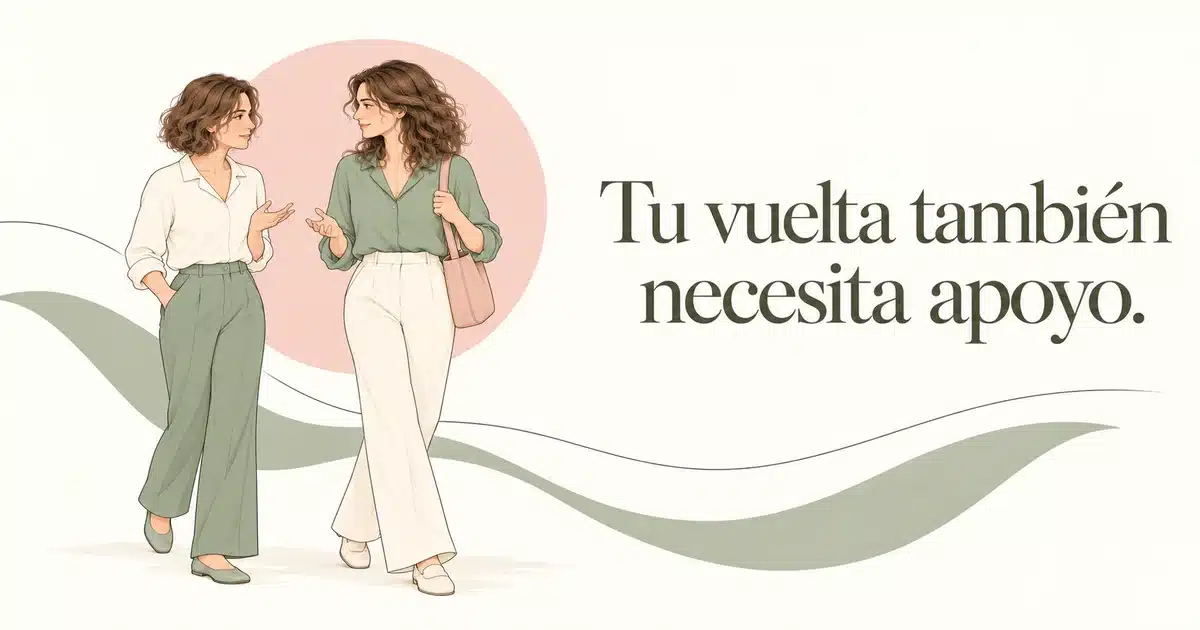 Una mujer camina acompañada por otra adulta. Texto: Tu vuelta también necesita apoyo.