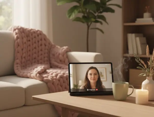 Tablet sobre una mesa con videollamada activa en un espacio acogedor con manta rosa y vela encendida.