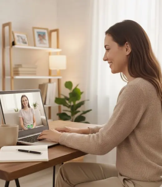 Mujer sonriendo mientras realiza una sesión de terapia online desde su portátil en un entorno cálido y sereno.
